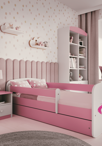 Babydreams juniorseng m. enhjrning, m. madras, sengehest, skuffe - hvid og lyserd laminat (180x80)