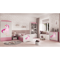 Babydreams juniorseng m. enhjrning, m. madras, sengehest, skuffe - hvid og lyserd laminat (180x80)