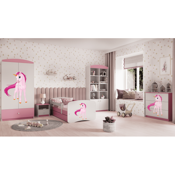 Babydreams juniorseng m. enhjrning, m. madras, sengehest, skuffe - hvid og lyserd laminat (140x70)