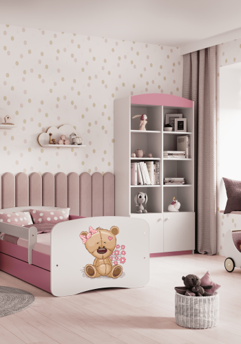Babydreams juniorseng bamse med blomster, med madrass, sengehest, skuff - hvit/rosa laminat (140x70)