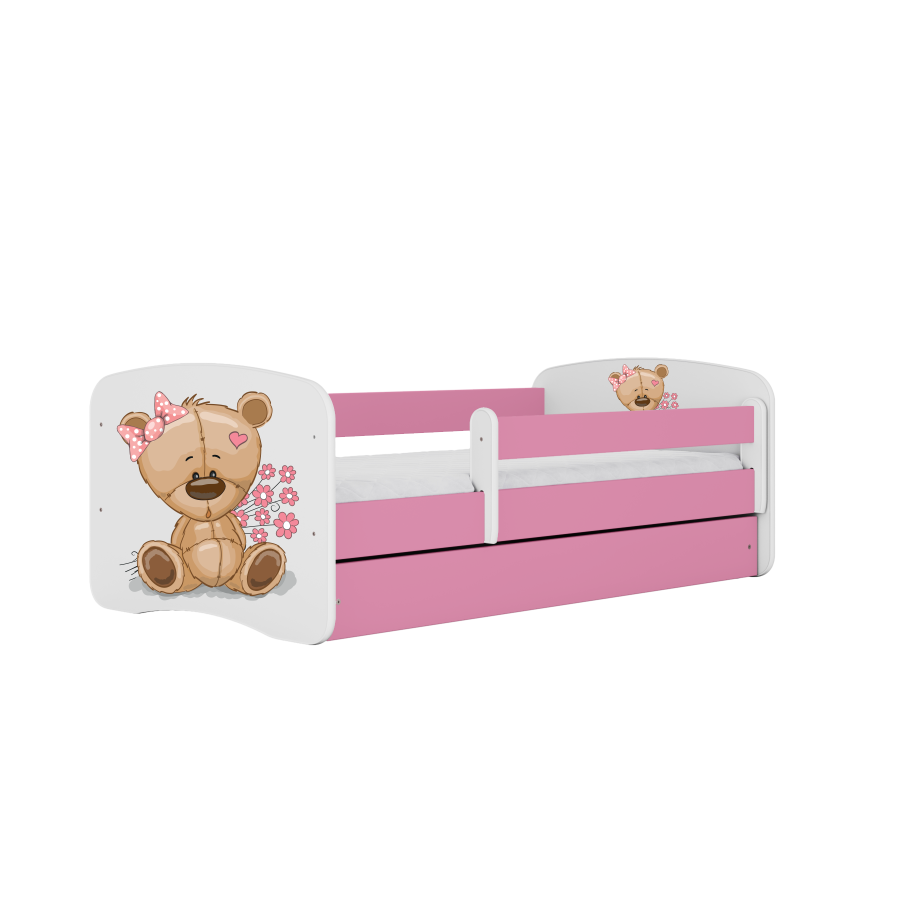 Babydreams juniorseng bamse med blomster, med madrass, sengehest, skuff - hvit/rosa laminat (140x70)