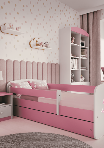 Babydreams juniorseng bamse/sommerfugle, m madras, sengehest, skuffe - hvid/lyserd laminat (140x70)