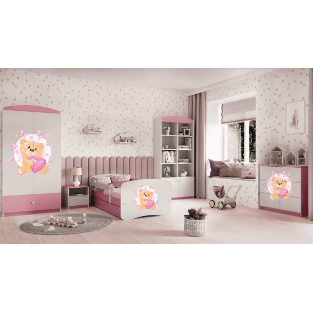 Babydreams juniorseng bamse/sommerfugle, m madras, sengehest, skuffe - hvid/lyserd laminat (180x80)