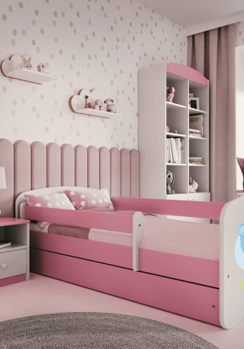 Babydreams juniorseng med bl bamse, m. madras, sengehest, skuffe - hvid og lyserd laminat (160x80)