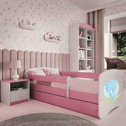 Babydreams juniorseng med bl bamse, m. madras, sengehest, skuffe - hvid og lyserd laminat (180x80)