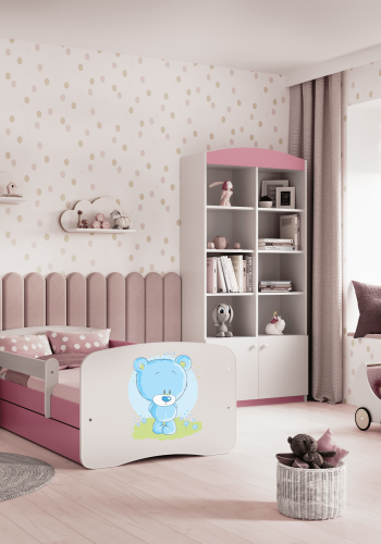 Babydreams juniorseng med bl bamse, m. madras, sengehest, skuffe - hvid og lyserd laminat (160x80)