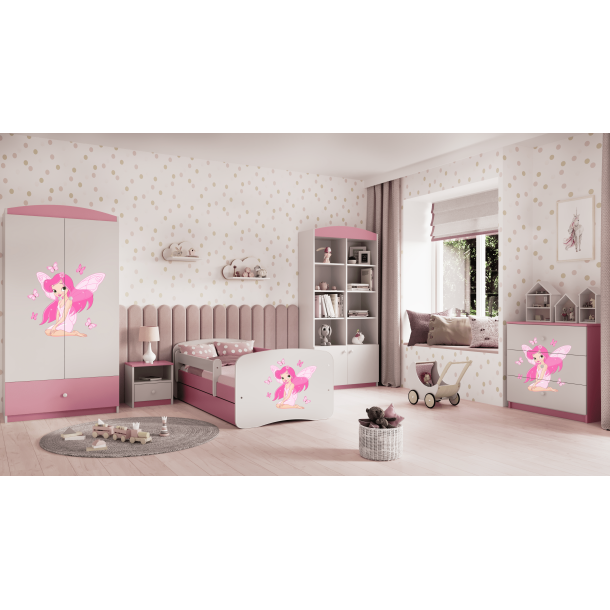 Babydreams juniorseng fe/sommerfugle, m. madras, sengehest, skuffe - hvid/lyserd laminat (160x80)