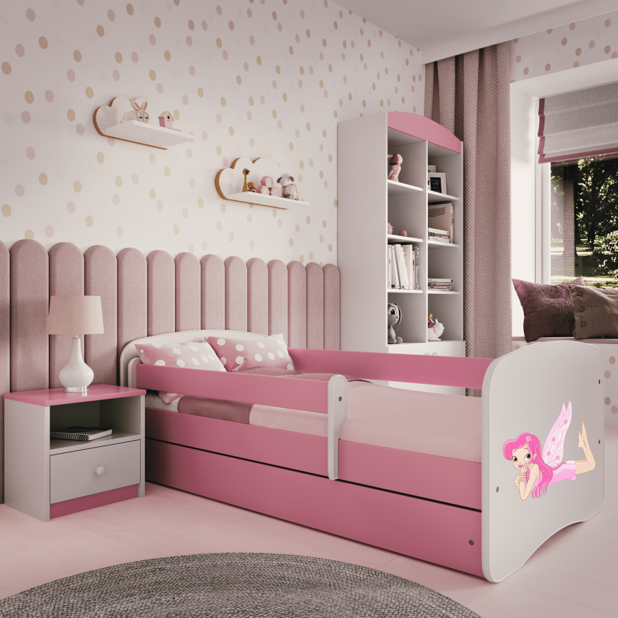 Babydreams juniorseng m. fe med vinger, m. madras, sengehest, skuffe - hvid/lyserd laminat (140x70)