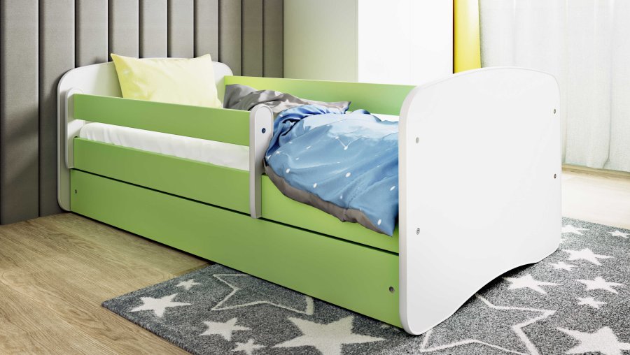 Babydreams juniorsng, med madrass, stdbrda, lda - vit och grn laminat (140x70)