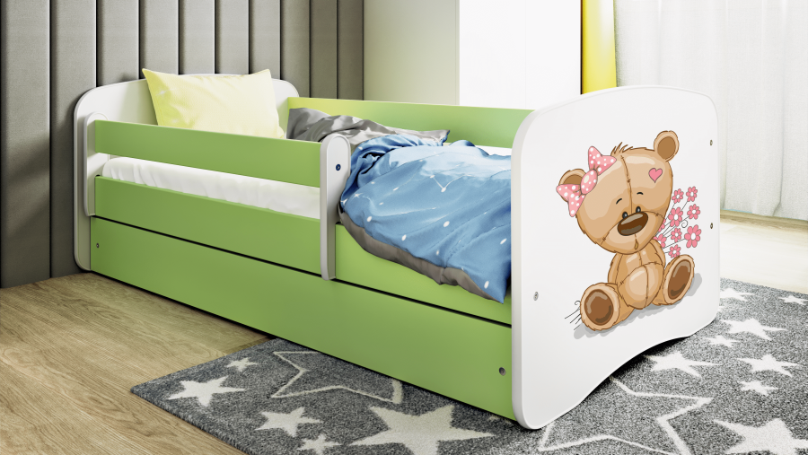 Babydreams juniorseng med bamse/blomster, med madrass, sengehest, skuff - hvit og grnn laminat (140x70)