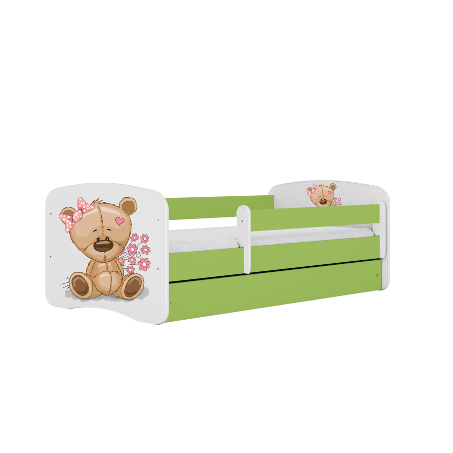 Babydreams juniorseng m bamse/blomster, m. madras, sengehest, skuffe - hvid og grn laminat (180x80)