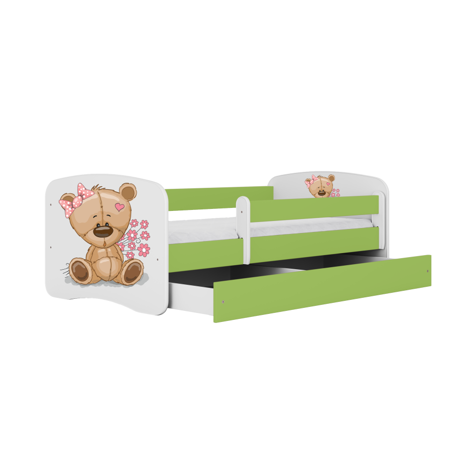 Babydreams juniorseng med bamse/blomster, med madrass, sengehest, skuff - hvit og grnn laminat (140x70)
