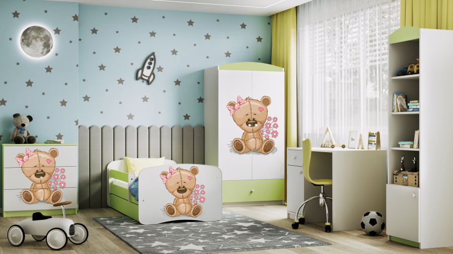 Babydreams juniorseng m bamse/blomster, m. madras, sengehest, skuffe - hvid og grn laminat (160x80)