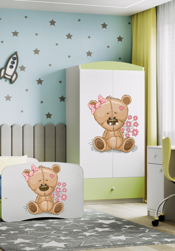 Babydreams juniorseng med bamse/blomster, med madrass, sengehest, skuff - hvit og grnn laminat (140x70)