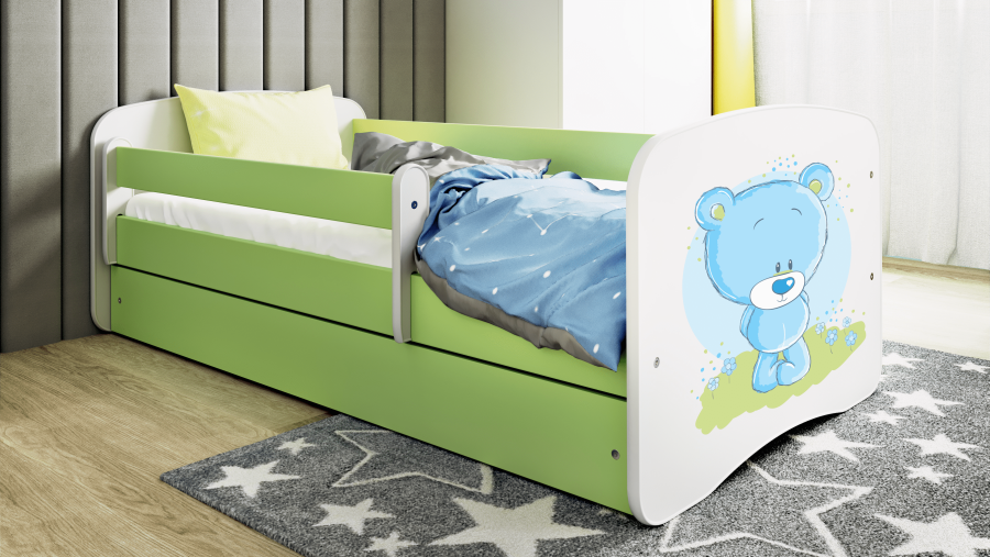 Babydreams juniorseng med bl bamse, m. madras, sengehest, skuffe - hvid/grn laminat (160x80)