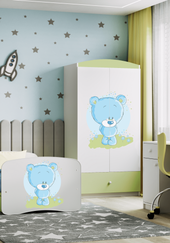 Babydreams juniorseng med bl bamse, m. madras, sengehest, skuffe - hvid/grn laminat (160x80)