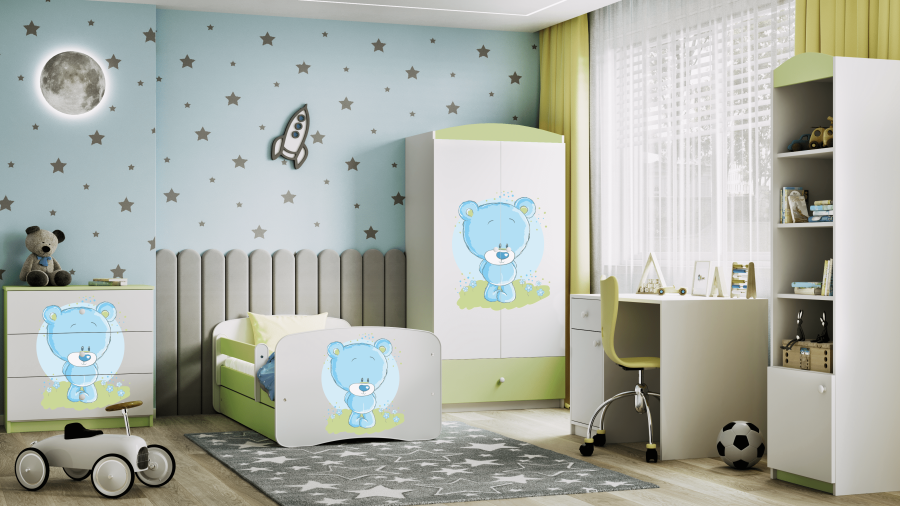 Babydreams juniorseng med bl bamse, m. madras, sengehest, skuffe - hvid/grn laminat (140x70)