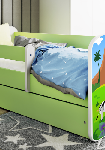 Babydreams juniorsng med safaridjur, med madrass, stdbrda, lda - vit/grn laminat (180x80)