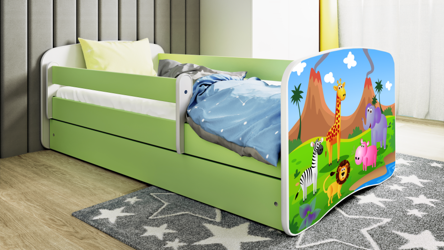 Babydreams juniorsng med safaridjur, med madrass, stdbrda, lda - vit/grn laminat (180x80)