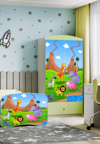 Babydreams juniorsng med safaridjur, med madrass, stdbrda, lda - vit/grn laminat (160x80)