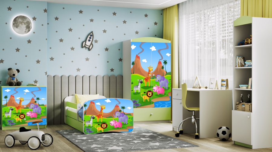 Babydreams juniorsng med safaridjur, med madrass, stdbrda, lda - vit/grn laminat (180x80)