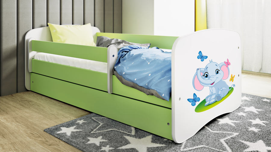 Babydreams juniorseng med elefant, m. madras, sengehest, skuffe - hvid/grn laminat (160x80)