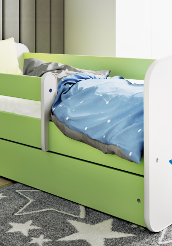 Babydreams juniorseng med elefant, m. madras, sengehest, skuffe - hvid/grn laminat (140x70)