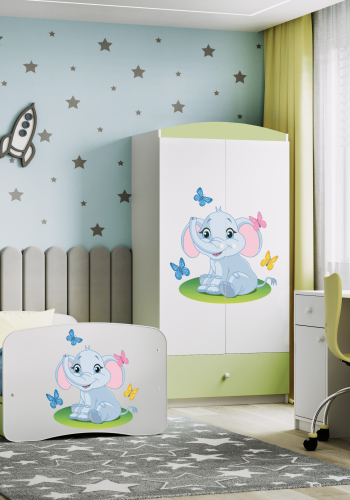 Babydreams juniorseng med elefant, m. madras, sengehest, skuffe - hvid/grn laminat (140x70)