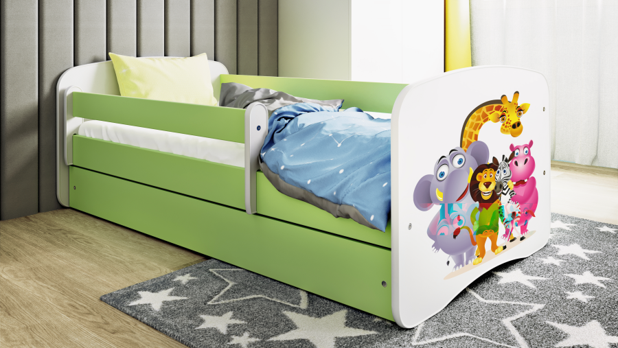 Babydreams juniorsng med zoodjur, med madrass, stdbrda, lda - vit/grn laminat (160x80)