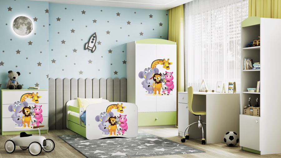 Babydreams juniorsng med zoodjur, med madrass, stdbrda, lda - vit/grn laminat (140x70)