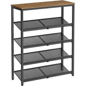 VASAGLE Skoreol, 5-etagers skoopbevaring med hylder og stor top, justerbare nethylder, pladsbesparende til entr&eacute;, entr&eacute;, st�l, industriel, honningbrun og bl�ksort LBS038K01