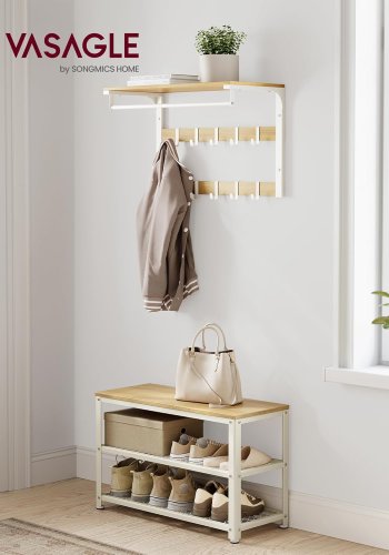 VASAGLE LBS073W09 skob�nk, m. 2 hylder - natur egefarvet sp�nplade og klassisk hvid st�l (73x30)