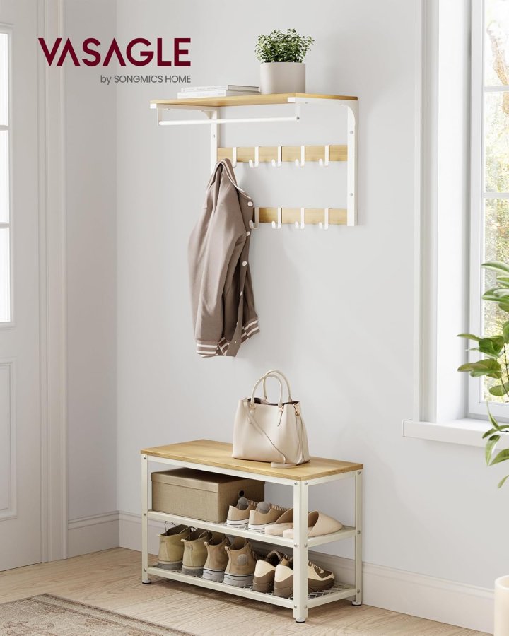 VASAGLE Skob�nk, skoreol med 2 hylder, skoorganisator, 30 x 73 x 45 cm, entr&eacute; stue entr&eacute;, st�lkonstruktion, industriel stil, eg beige og klassisk hvid LBS073W09