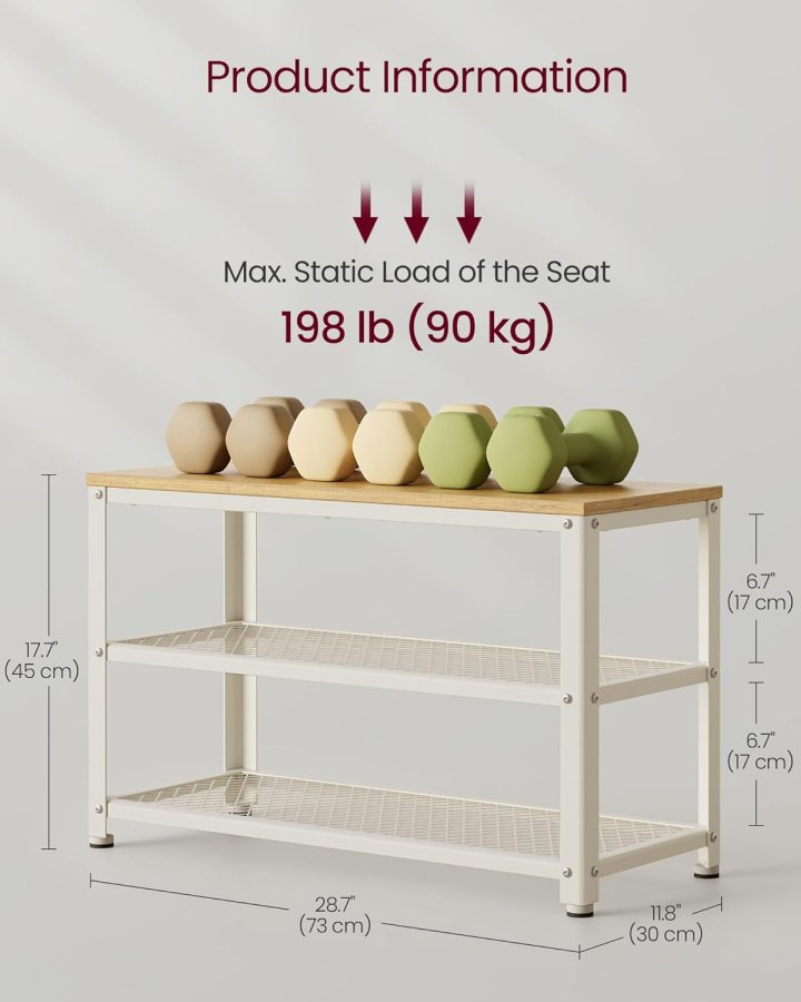VASAGLE Skob�nk, skoreol med 2 hylder, skoorganisator, 30 x 73 x 45 cm, entr&eacute; stue entr&eacute;, st�lkonstruktion, industriel stil, eg beige og klassisk hvid LBS073W09