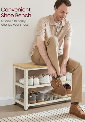VASAGLE Skob�nk, skoreol med 2 hylder, skoorganisator, 30 x 73 x 45 cm, entr&eacute; stue entr&eacute;, st�lkonstruktion, industriel stil, eg beige og klassisk hvid LBS073W09