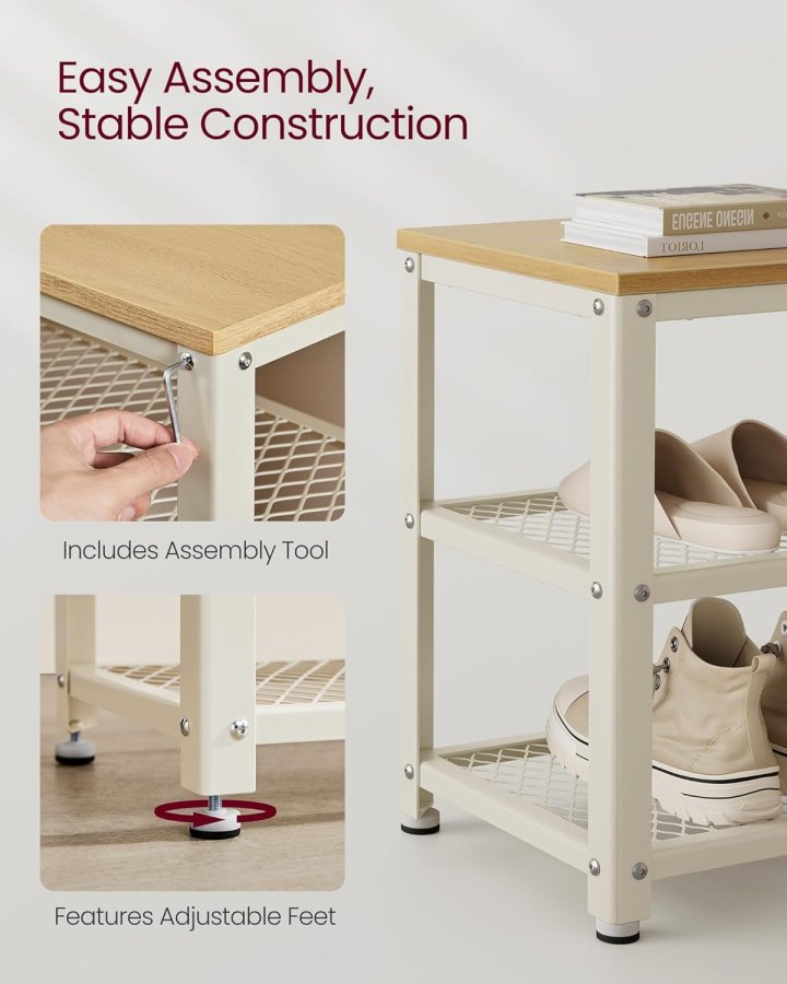 VASAGLE Skob�nk, skoreol med 2 hylder, skoorganisator, 30 x 73 x 45 cm, entr&eacute; stue entr&eacute;, st�lkonstruktion, industriel stil, eg beige og klassisk hvid LBS073W09