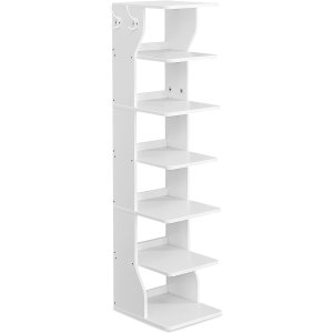 VASAGLE Zapatero vertikal de 7 niveles, organisator estrecho de almacenamiento de zapatos med ganchos, estante de madera delgado para zapatos, robusto y duradero, ahorro de espacio para entrada y dormitorio, blanco LBS200T14V1