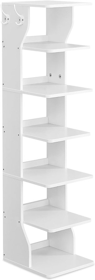 VASAGLE Zapatero vertikal de 7 niveles, organisator estrecho de almacenamiento de zapatos med ganchos, estante de madera delgado para zapatos, robusto y duradero, ahorro de espacio para entrada y dormitorio, blanco LBS200T14V1
