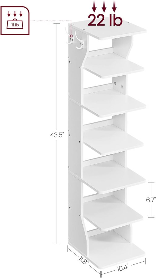 VASAGLE Zapatero vertikal de 7 niveles, organisator estrecho de almacenamiento de zapatos med ganchos, estante de madera delgado para zapatos, robusto y duradero, ahorro de espacio para entrada y dormitorio, blanco LBS200T14V1