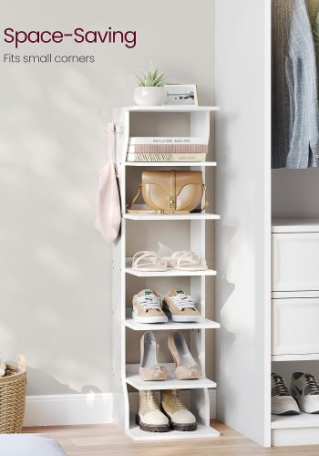 VASAGLE Zapatero vertikal de 7 niveles, organisator estrecho de almacenamiento de zapatos med ganchos, estante de madera delgado para zapatos, robusto y duradero, ahorro de espacio para entrada y dormitorio, blanco LBS200T14V1