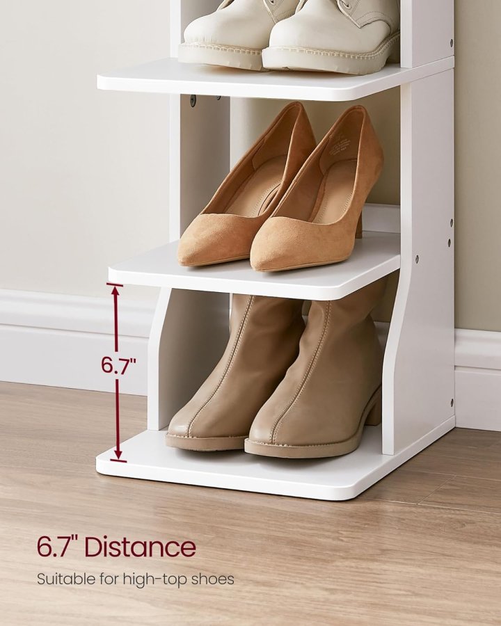 VASAGLE Zapatero vertikal de 7 niveles, organisator estrecho de almacenamiento de zapatos med ganchos, estante de madera delgado para zapatos, robusto y duradero, ahorro de espacio para entrada y dormitorio, blanco LBS200T14V1