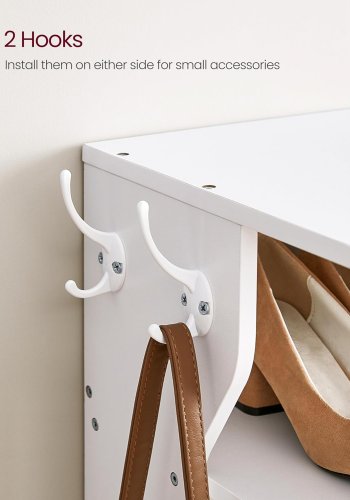 VASAGLE Zapatero vertikal de 7 niveles, organisator estrecho de almacenamiento de zapatos med ganchos, estante de madera delgado para zapatos, robusto y duradero, ahorro de espacio para entrada y dormitorio, blanco LBS200T14V1