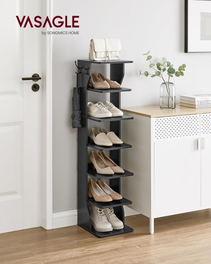 VASAGLE Slim skoreol, smal skoopbevaringsorganisator, skostativ med 6 niveauer, til sm� rum, entr&eacute;, garderobe, sort LBS200T16