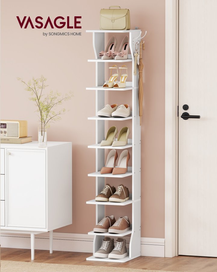 VASAGLE Slim skoreol, smal skoopbevaringsorganisator, 9-etagers skostativ, til sm� rum, entr&eacute;, garderobe, mat hvid LBS210WB01