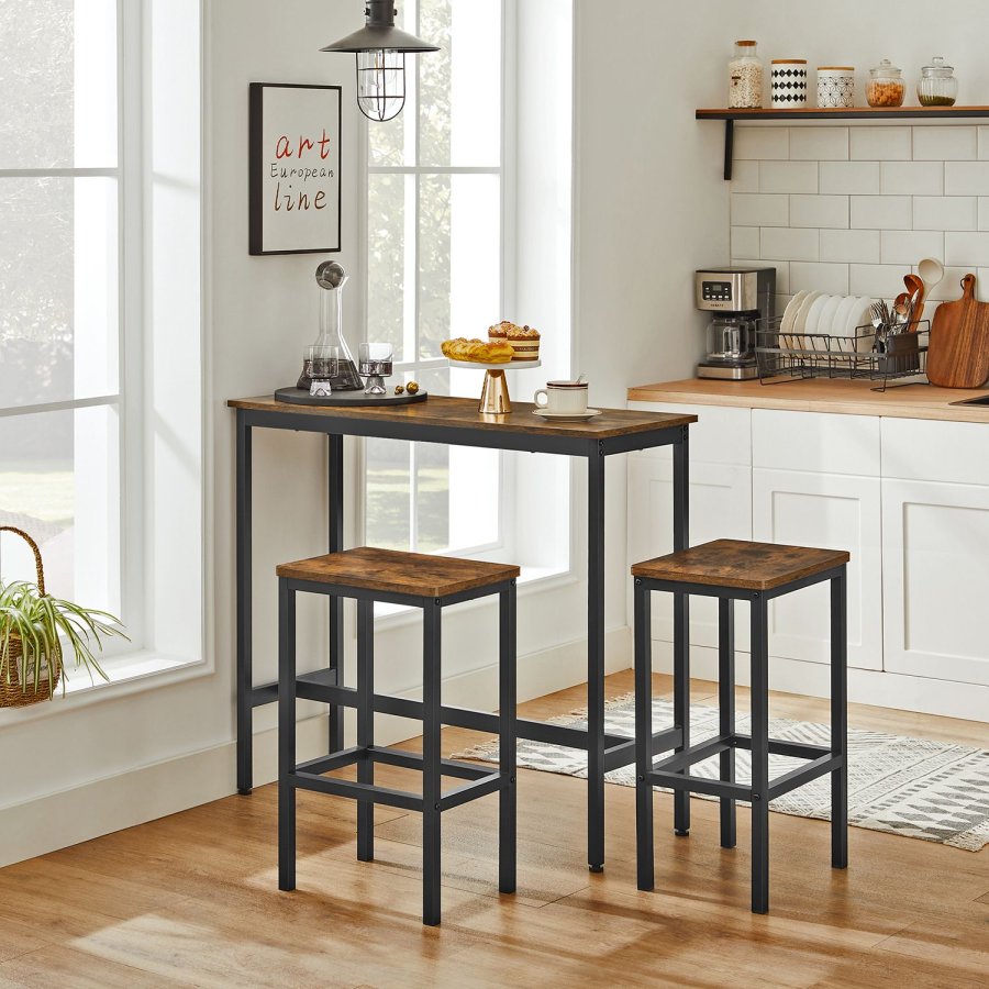 VASAGLE Spisebords�t, Barbord og taburetter, Morgenmadsbarbord med barstole, s�t med 2, industrielt st�lstel, rustik brun og sort LBT218B01