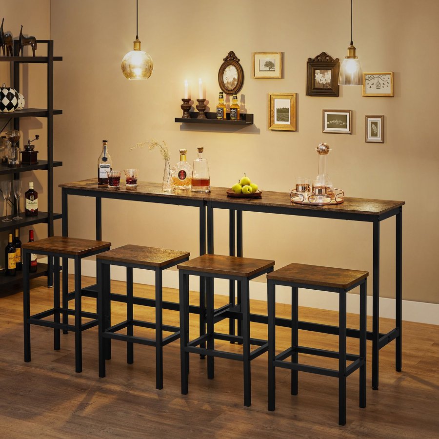 VASAGLE Spisebords�t, Barbord og taburetter, Morgenmadsbarbord med barstole, s�t med 2, industrielt st�lstel, rustik brun og sort LBT218B01