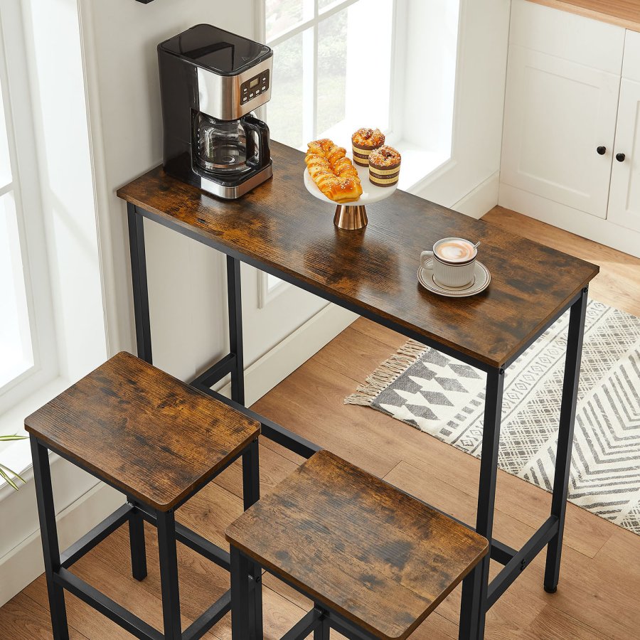 VASAGLE Spisebords�t, Barbord og taburetter, Morgenmadsbarbord med barstole, s�t med 2, industrielt st�lstel, rustik brun og sort LBT218B01