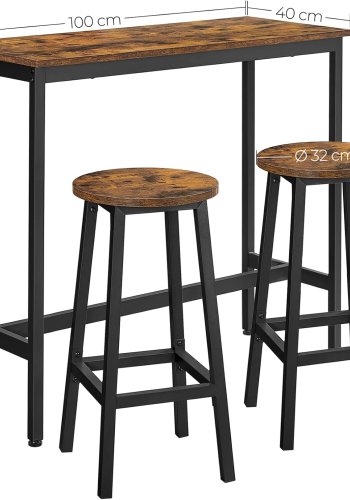 VASAGLE LBT219B01 Barbords�t, H�jt bord med 2 barstole, Barbord med barstole, K�kkenbord og k�kkenstole Industridesign til k�kken, Brun
