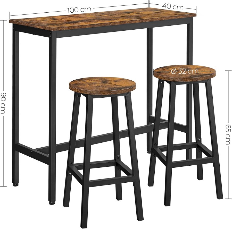 VASAGLE LBT219B01 Barbords�t, H�jt bord med 2 barstole, Barbord med barstole, K�kkenbord og k�kkenstole Industridesign til k�kken, Brun