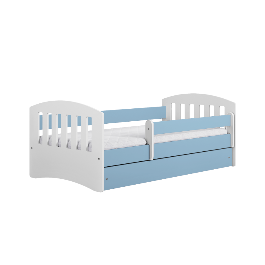Classic 1 Juniorbett, mit Matratze, Bettgitter, Schublade - weiß-blaues Laminat und MDF (160x80)